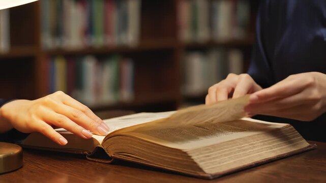 Hands reading an old book in a library
