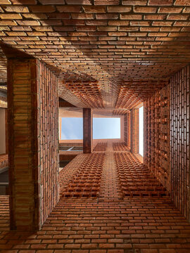 Dramatic Worm's Eye View of Architectural Detail of Textured Brickwork in Modern Urban Design 