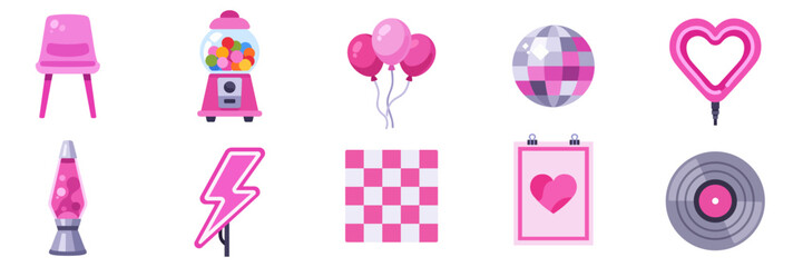Set of party decor and retro objects, colorful collection with vector flat illustrations © point of BORT