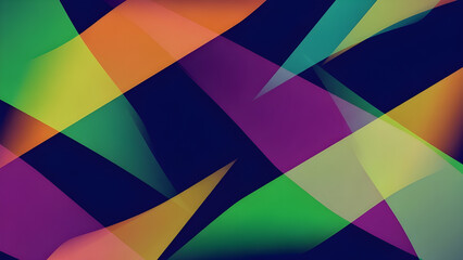 Obraz premium Abstract background of overlapping geometric shapes in vibrant green, orange, purple, and yellow.