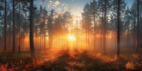 Obraz premium Sunrise in the forest clearing surrounded by tall trees and vibrant light rays illuminating the scene