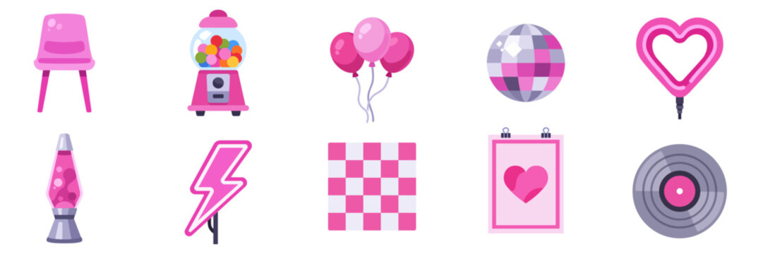 Set of party decor and retro objects, colorful collection with vector flat illustrations