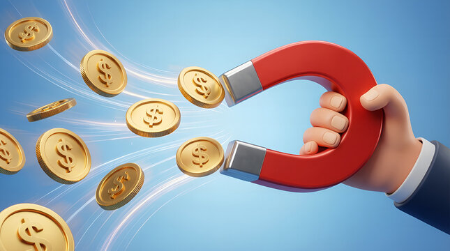 Hand holding red horseshoe magnet attracting gold coins with dollar signs on blue background symbolizing financial attraction and wealth
