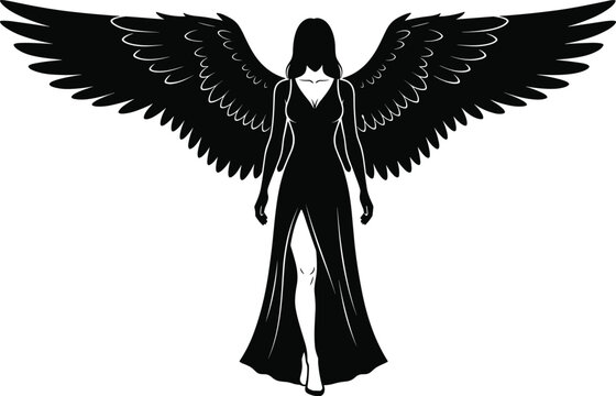 Black silhouette of a female angel with large spread wings wearing a long dress and hood isolated on a dark black background