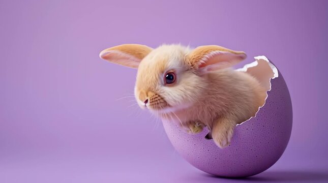 A beige rabbit peeking out of a cracked purple Easter egg on a lilac background, a concept of Easter, spring, and holiday, a place for text, and a pastel-colored studio shot.