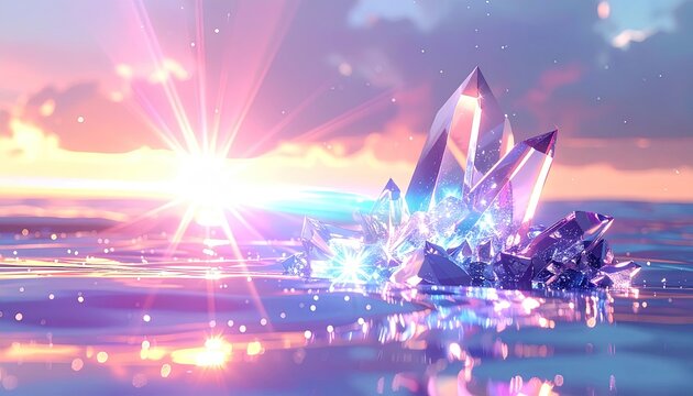 Sparkling crystal formation reflected in water at sunset