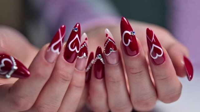 A close-up view of hands showcasing intricately designed red and white heart-patterned nails