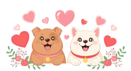 Sweet Cartoon Dog Couple with Floating Pink Hearts
