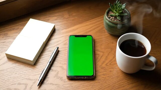 Smartphone with green screen mockup on wooden desk with coffee and notepad