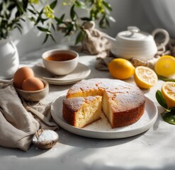 sugar-free homemade cake, light and fluffy with a golden crumb, sliced to show texture, served on a white plate with natural ingredients nearby in soft daylight.
