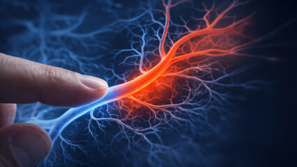 Medical ai diagnostics technology surgery ar overlay concept finger touch glowing artery vein blue red network