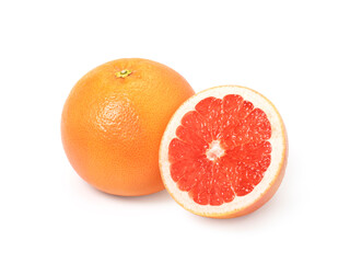 Whole and Halved Grapefruit Isolated on White Background