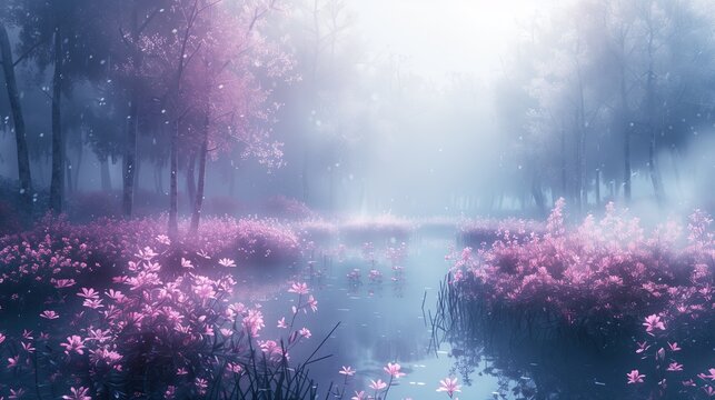 Explore a misty landscape with blooming flowers and a serene water body during early morning hours in a tranquil forest setting