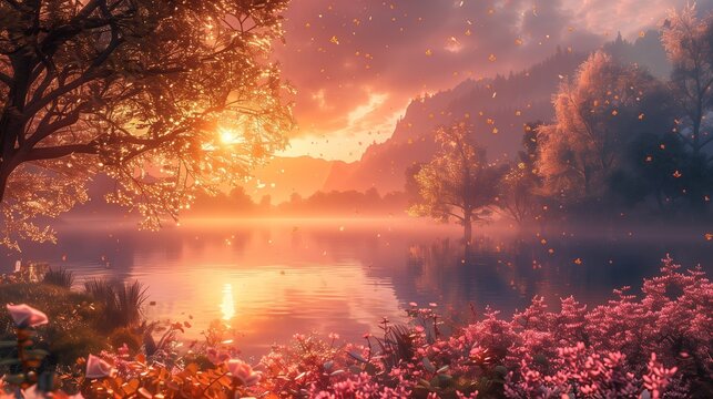 Sunset over lake with flowers and trees in vibrant colors during autumn season