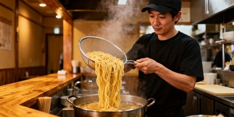 A man at a ramen shop draining noodles