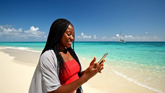 Woman taking selfie on beach