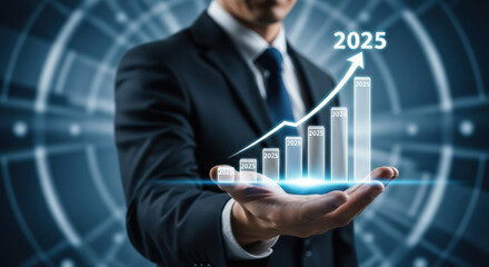 Obraz premium Strategic Business Growth Projection to 2025 A Visionary Businessman's Hand Guides Ascending Bar Graph Representing Financial Success and Future Investment Opportunities