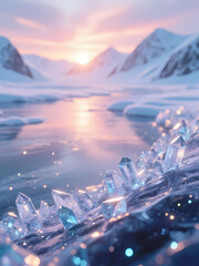 Ethereal Ice Crystals at Sunset in a Winter Mountain Landscape