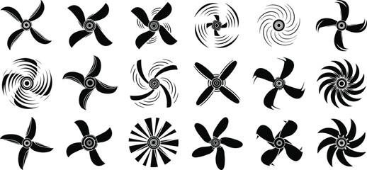 Fan propeller silhouette vector illustration set featuring rotating blades, turbine shapes, wind energy symbols, and mechanical ventilation shadow designs © Rumi