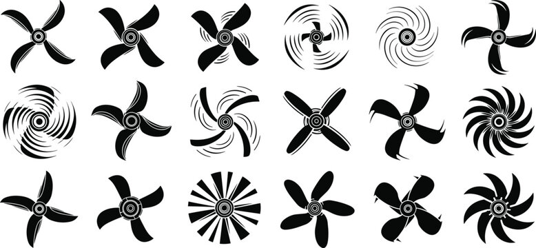 Fan propeller silhouette vector illustration set featuring rotating blades, turbine shapes, wind energy symbols, and mechanical ventilation shadow designs