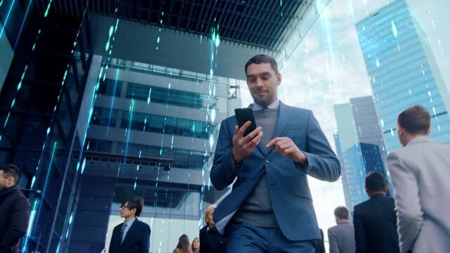 Businessman Activates AI Smartphone While Walking through City Business Center. Hologram Code and Network Symbols Illustrate Wireless Data Flow, Digital Banking, Cloud Services, Secure Messaging