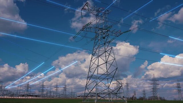 Animation of the flow of electrical energy through the wires of power lines. Power Transmission Lines. Equipment and infrastructure for electricity supply. 4k footage