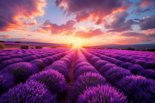 Lavender field at sunset with vibrant colors and horizon in Provence region