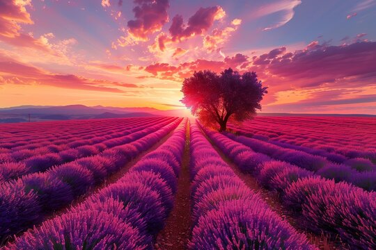 Lavender field with sunset in the background, scenic view of nature during golden hour