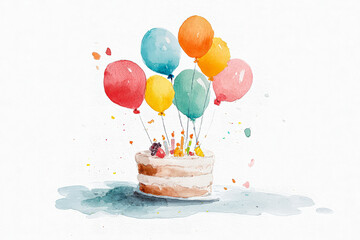 Colorful balloons rise above delicious birthday cake