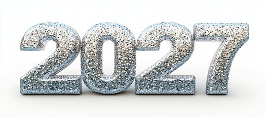 Sparkling Silver Numbers of the Year 2027 on an Elegant White Background for Festive Celebrations