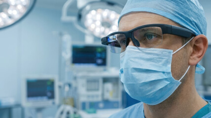 Surgery technology ai diagnostics ar overlay surgeon wearing smart glasses for precise medical procedure in modern operating room focus