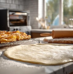 thin Italian frappe dough rolled on a floured work surface, with rolling pin and cutter nearby, daylight drying the sheets and finished golden frappe in the background.