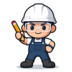 Fototapeta premium Cartoon CHIBI style construction worker. Active working posture. Ideal icon for logo, badge, branding, company mascot.