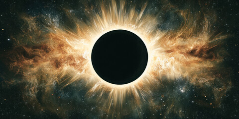 Fototapeta premium An image of a space nebula featuring a golden halo of light around a dark planet