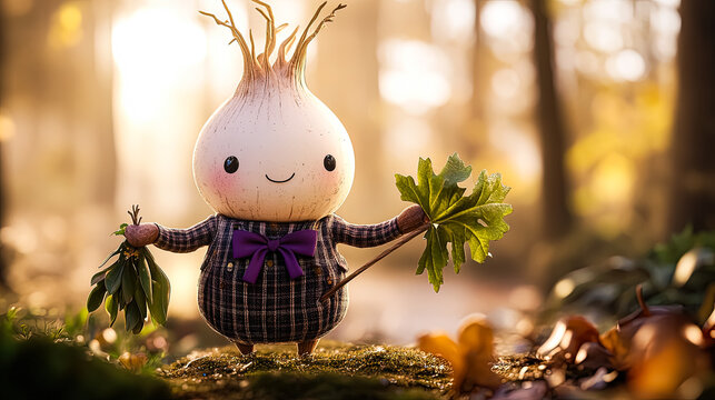 Cute onion character smiles in sunny forest
