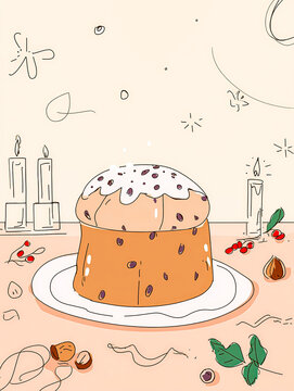 Decorated panettone sits on a table with candles