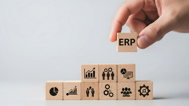 Hand placing erp block among various business icons
