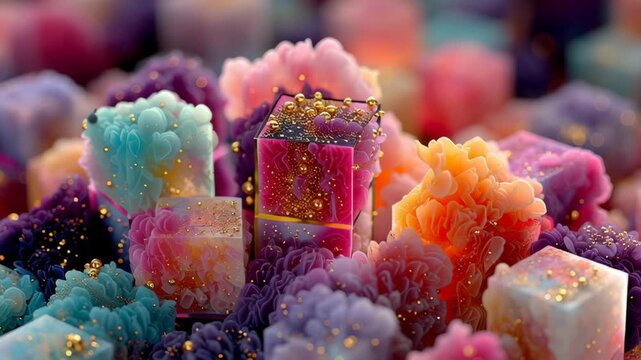 A vivid arrangement of abstract floral elements in various colors, interspersed with translucent cubes. gold accents add a touch of elegance to the dynamic composition, making it ideal for modern desi
