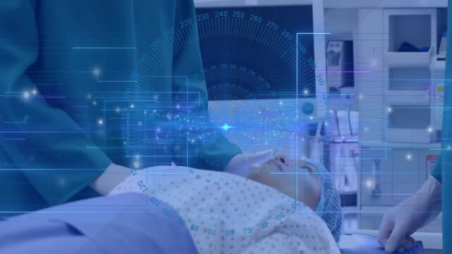 Surgeon leaning over patient while overlay highlighting drape adjustment for medical procedure