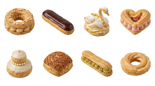 French pastry set including chocolate and pistachio eclairs, Paris-Brest, religieuse, and cream puffs isolated. Dessert menu and bakery collection.