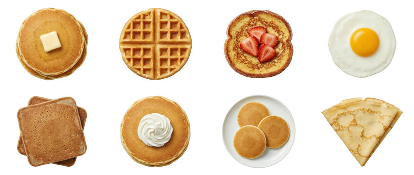 Breakfast food set including pancakes, waffle, french toast, fried egg, and crepe isolated. Morning brunch and sweet pastry collection.