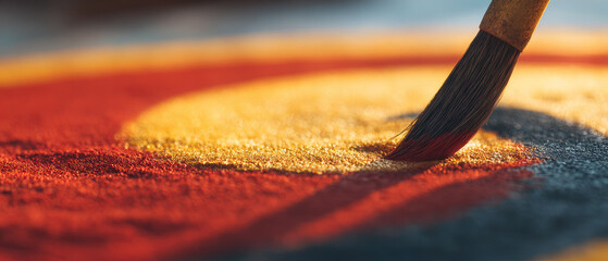 Traditional kite making craft involves careful brushwork applying vibrant yellow and red colors to delicate paper creating beautiful and artistic handmade design