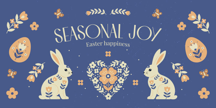 Folk Art Easter Banner with Rabbits and Floral Heart Illustration