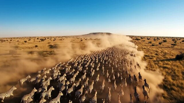 Large herd of zebras running across savanna
