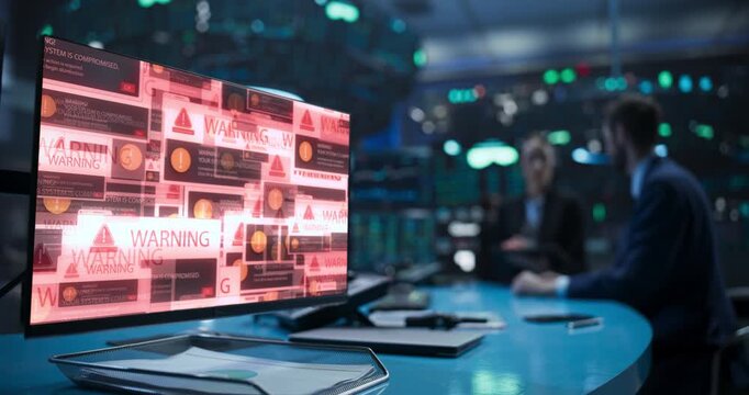 Stock Market Trading Floor, a Widescreen Terminal Flashes Ransomware Virus Alerts as Hackers Blackmail a Financial Institution. System Hacked Warnings to Traders, Panic, Volatility, Crash Fears