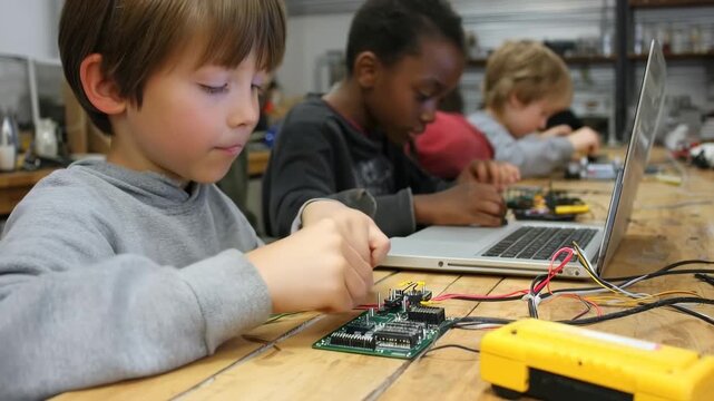 Children engaged in electronics project at a workshop with laptops and circuit boards
