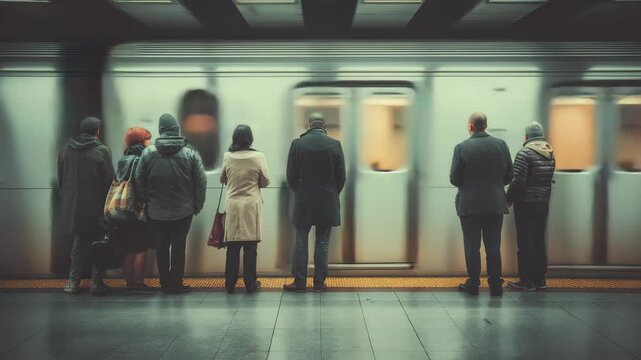 Crowd waiting at subway station as train rushes past during evening commute