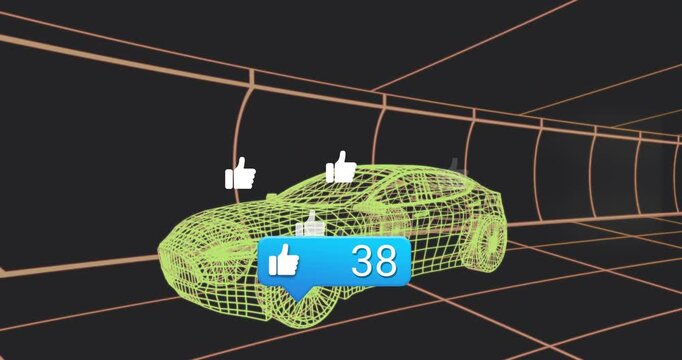 Neon wireframe car sitting blue badge popping by wheel counter rising thumbs rising showing growth