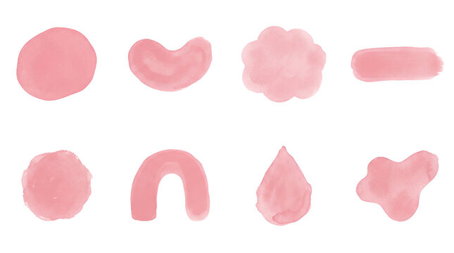Pink watercolor brush stroke set including circle, oval, arch, cloud, and organic splash shapes isolated. Hand painted decorative elements for graphic design and wedding invitations.