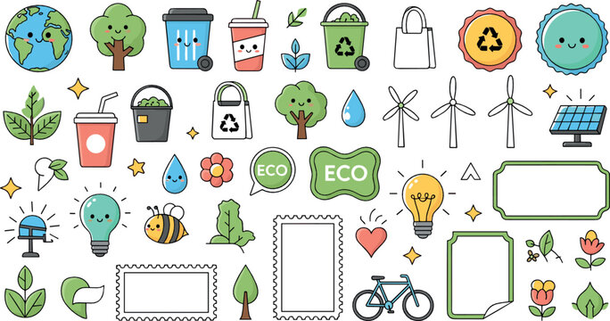 Cute eco friendly sustainability icon set with recycling, renewable energy, green nature symbols, Earth elements, and environmental cartoon vector illustrations